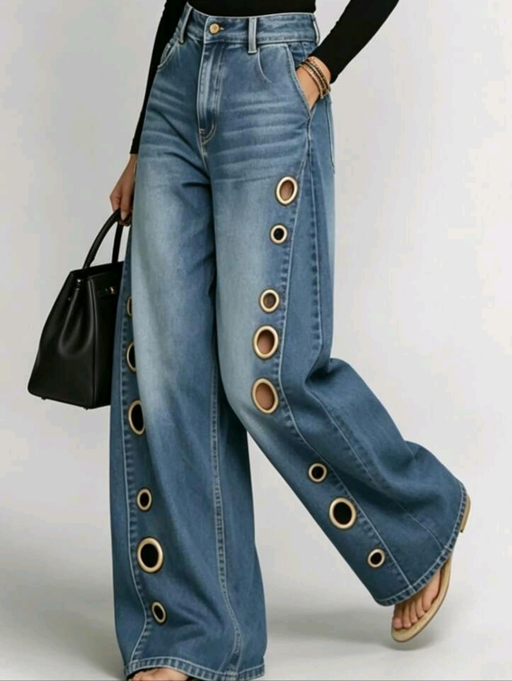 European And American New Denim Jeans With Women's Metal Eyelets Design - Picture 2 of 4